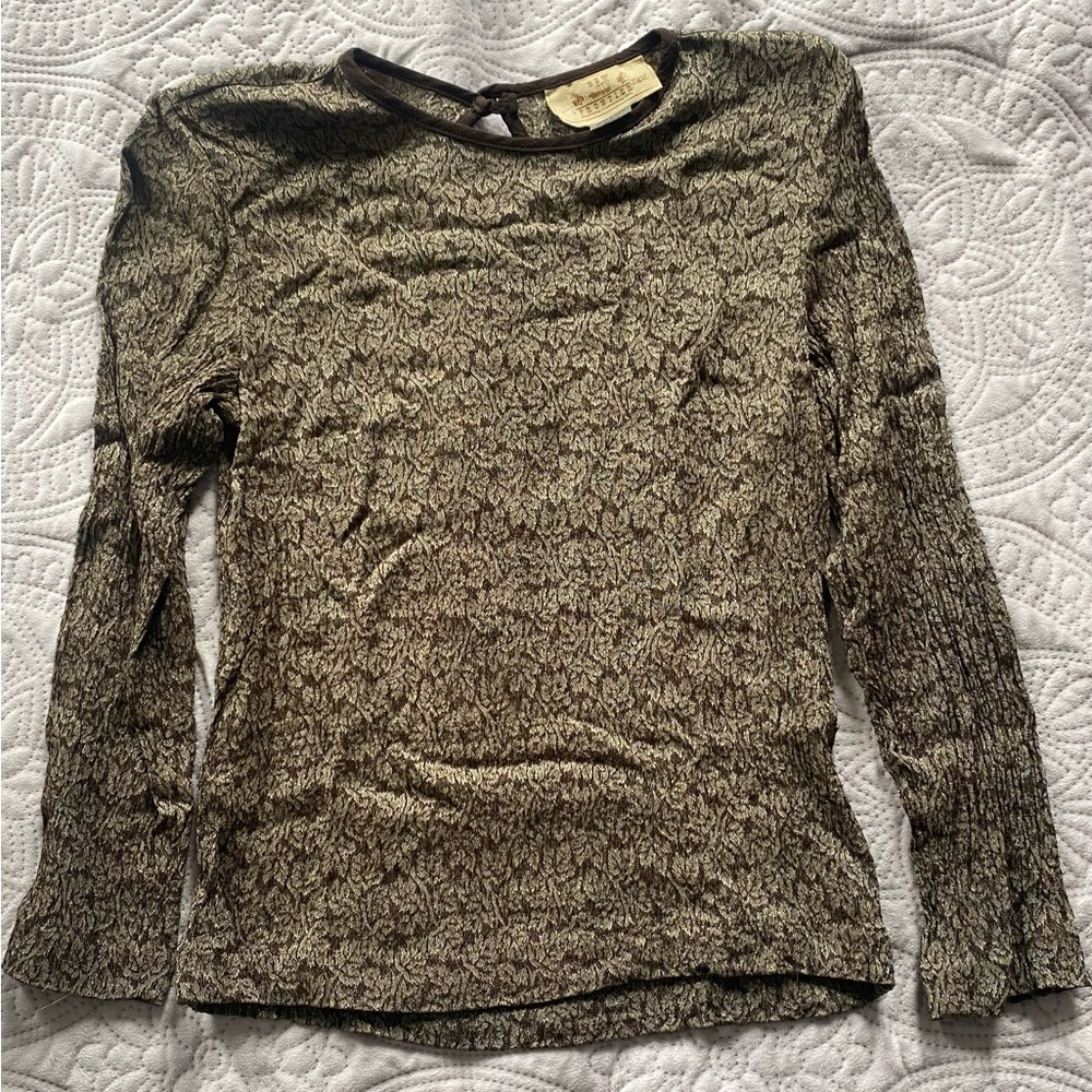New Frontier Leaf Print Brown/White Long Sleeve Top Size S